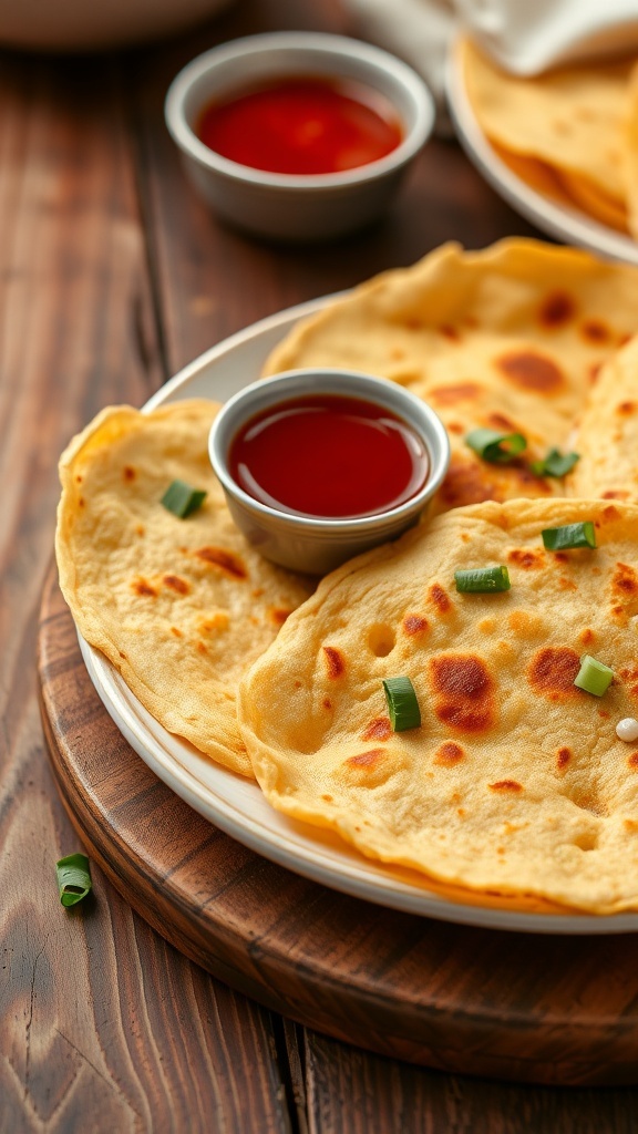Golden-brown Tortillas Tucumanas on a plate, garnished with herbs and served with dipping sauce.